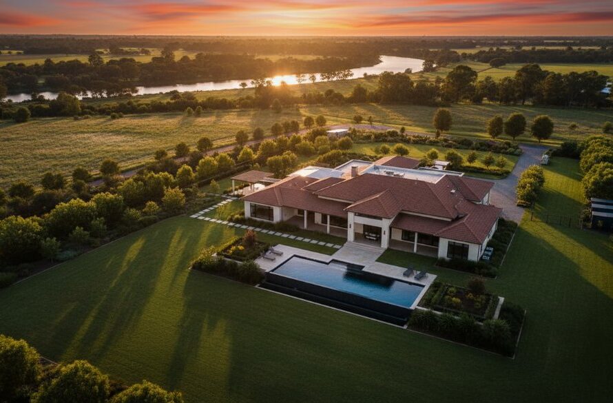 An epic drone shot capturing Kialla Victoria real estate photography showcasing luxury rural living, featuring a grand homestead bathed in golden hour light, with the Goulburn River winding in the background, conveying spacious elegance and tranquility.