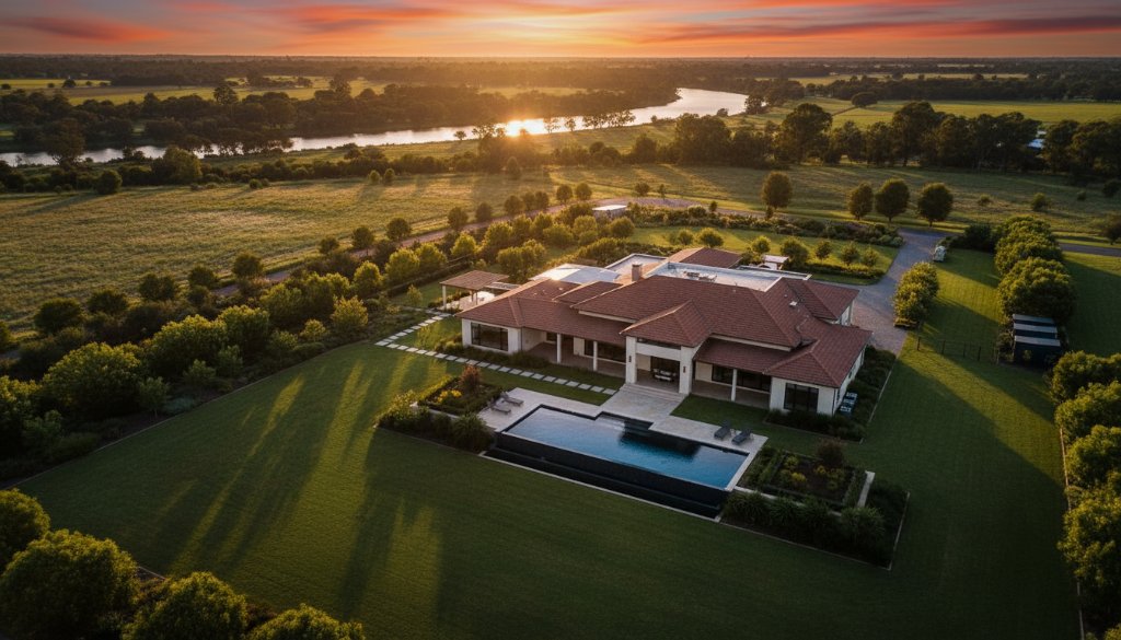 An epic drone shot capturing Kialla Victoria real estate photography showcasing luxury rural living, featuring a grand homestead bathed in golden hour light, with the Goulburn River winding in the background, conveying spacious elegance and tranquility.