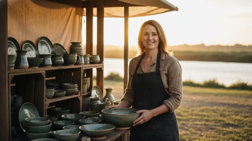 An entrepreneur in Kialla, Victoria, stands confidently in front of a rustic, sun-drenched cafe with their branded product, bathed in golden hour light, capturing an epic moment for a Kialla Victoria small business branding photography package, showcasing professionalism and local charm.