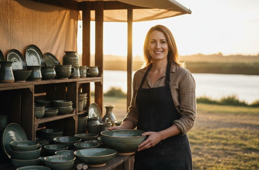 An entrepreneur in Kialla, Victoria, stands confidently in front of a rustic, sun-drenched cafe with their branded product, bathed in golden hour light, capturing an epic moment for a Kialla Victoria small business branding photography package, showcasing professionalism and local charm.