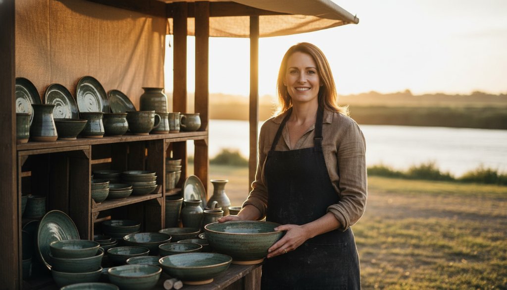 An entrepreneur in Kialla, Victoria, stands confidently in front of a rustic, sun-drenched cafe with their branded product, bathed in golden hour light, capturing an epic moment for a Kialla Victoria small business branding photography package, showcasing professionalism and local charm.