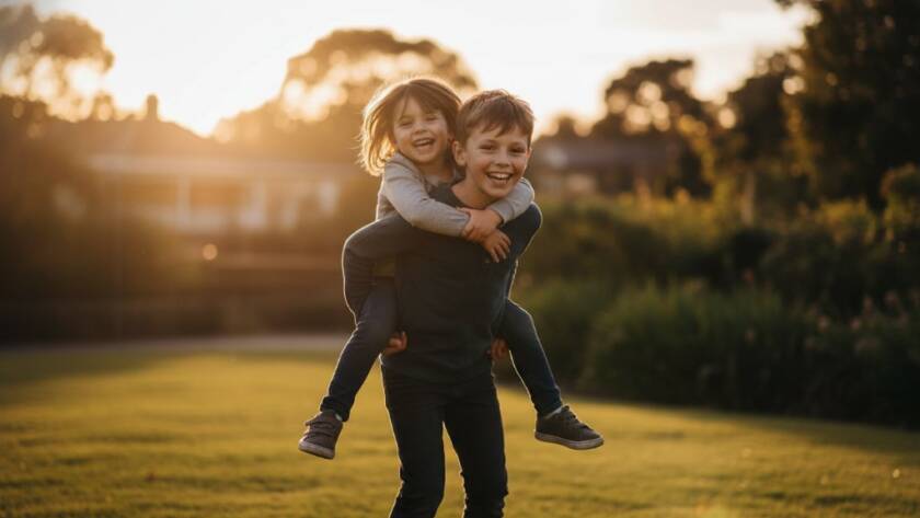 A vibrant, professionally colour-graded photograph capturing kids photography Camberwell Victoria authentic family moments, with two children laughing joyfully in a sun-drenched Camberwell park, their faces illuminated by golden hour light, celebrating an epic moment of connection.