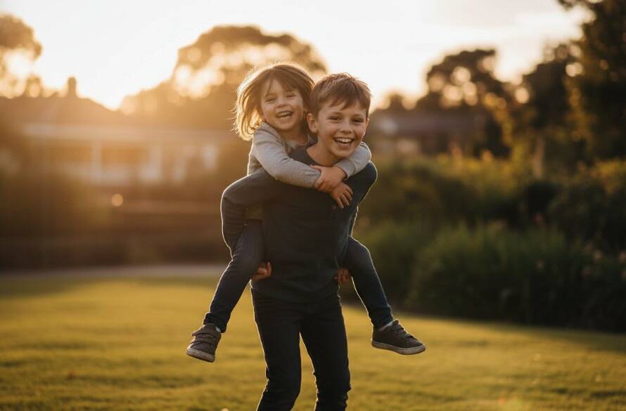 A vibrant, professionally colour-graded photograph capturing kids photography Camberwell Victoria authentic family moments, with two children laughing joyfully in a sun-drenched Camberwell park, their faces illuminated by golden hour light, celebrating an epic moment of connection.
