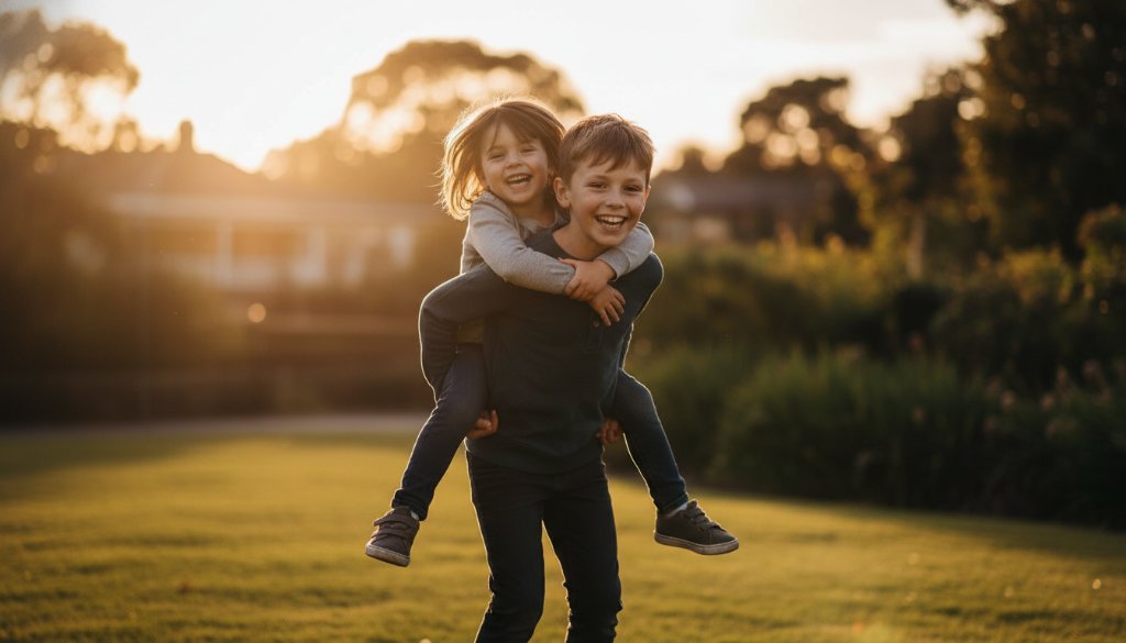A vibrant, professionally colour-graded photograph capturing kids photography Camberwell Victoria authentic family moments, with two children laughing joyfully in a sun-drenched Camberwell park, their faces illuminated by golden hour light, celebrating an epic moment of connection.
