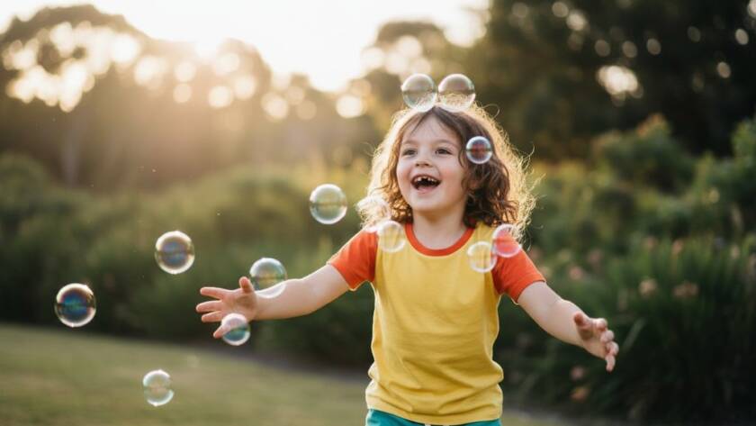 An epic moment captured: A child laughing joyously while playing with bubbles in a sun-drenched park in Hughesdale, Victoria, embodying the magic of kids photography Hughesdale Victoria storytelling portraits, with beautiful bokeh and golden hour light.