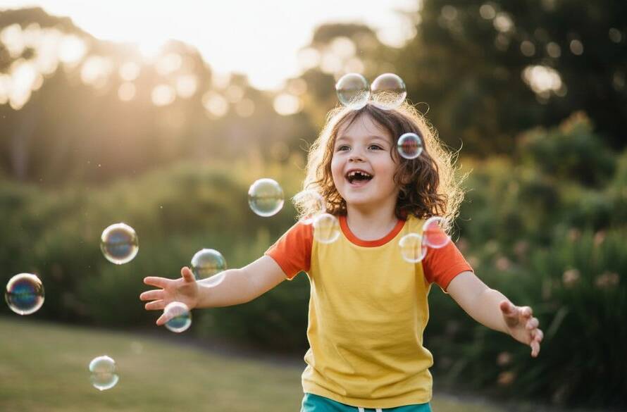 An epic moment captured: A child laughing joyously while playing with bubbles in a sun-drenched park in Hughesdale, Victoria, embodying the magic of kids photography Hughesdale Victoria storytelling portraits, with beautiful bokeh and golden hour light.