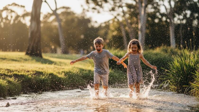 An 'epic moment' photograph of two joyful children, a boy and a girl, laughing as they run through a sun-dappled park in Keysborough, Victoria, during golden hour. The boy is slightly ahead, turning his head back towards his sister with a wide smile, while the girl reaches out playfully. Warm, dramatic backlight flares around their hair, highlighting their movement and genuine connection. The background shows blurred greenery and tall gum trees, evoking a natural, Australian suburban setting, perfectly capturing the essence of kids photography Keysborough Victoria capturing childhood magic.