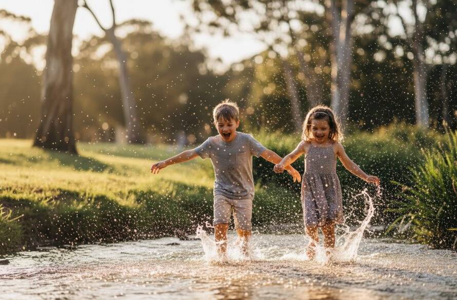 An 'epic moment' photograph of two joyful children, a boy and a girl, laughing as they run through a sun-dappled park in Keysborough, Victoria, during golden hour. The boy is slightly ahead, turning his head back towards his sister with a wide smile, while the girl reaches out playfully. Warm, dramatic backlight flares around their hair, highlighting their movement and genuine connection. The background shows blurred greenery and tall gum trees, evoking a natural, Australian suburban setting, perfectly capturing the essence of kids photography Keysborough Victoria capturing childhood magic.