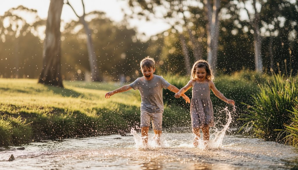 An 'epic moment' photograph of two joyful children, a boy and a girl, laughing as they run through a sun-dappled park in Keysborough, Victoria, during golden hour. The boy is slightly ahead, turning his head back towards his sister with a wide smile, while the girl reaches out playfully. Warm, dramatic backlight flares around their hair, highlighting their movement and genuine connection. The background shows blurred greenery and tall gum trees, evoking a natural, Australian suburban setting, perfectly capturing the essence of kids photography Keysborough Victoria capturing childhood magic.