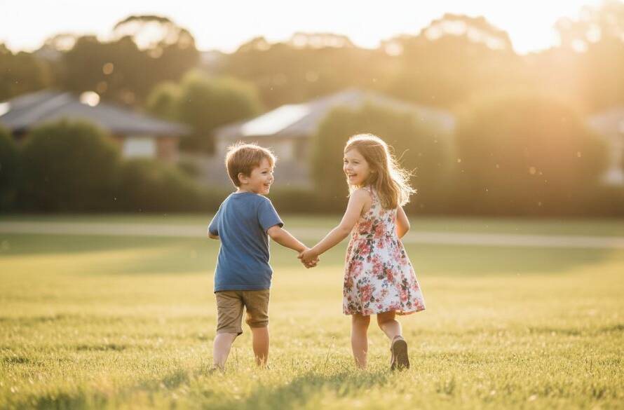 An epic moment captured in Nunawading kids photography authentic family moments, featuring a child laughing joyously while being playfully spun by parents in a sun-drenched park, late afternoon golden hour, professional photography.
