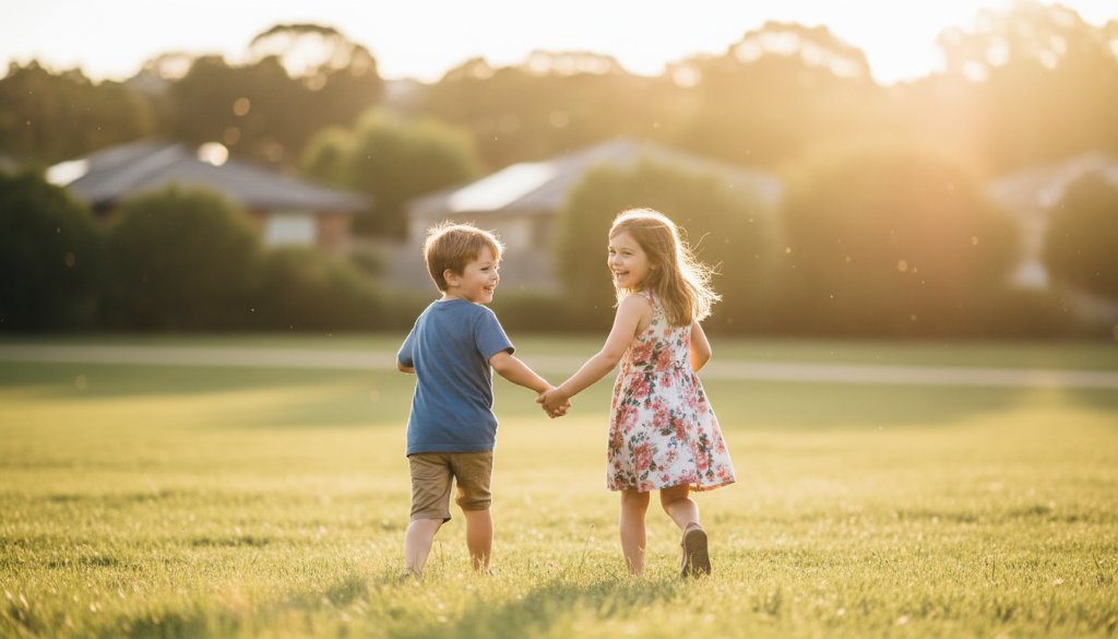 An epic moment captured in Nunawading kids photography authentic family moments, featuring a child laughing joyously while being playfully spun by parents in a sun-drenched park, late afternoon golden hour, professional photography.