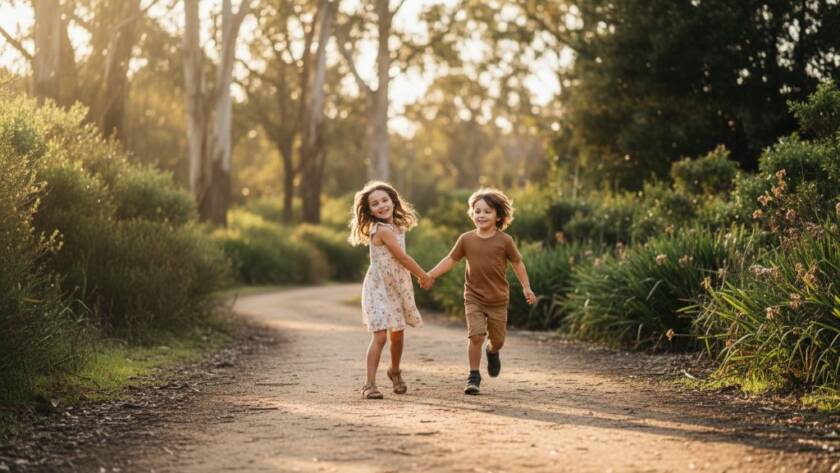 A heartwarming, professional photograph capturing genuine kids photography Park Orchards family adventures, featuring two children joyfully running through dappled sunlight in a lush Park Orchards park, their laughter echoing through the trees.