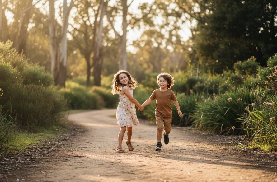A heartwarming, professional photograph capturing genuine kids photography Park Orchards family adventures, featuring two children joyfully running through dappled sunlight in a lush Park Orchards park, their laughter echoing through the trees.