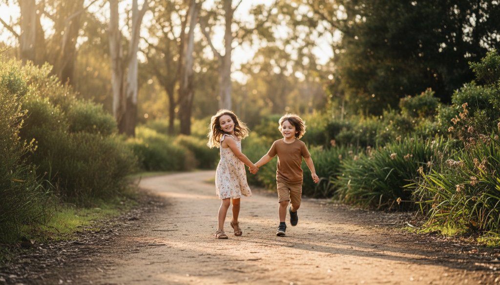 A heartwarming, professional photograph capturing genuine kids photography Park Orchards family adventures, featuring two children joyfully running through dappled sunlight in a lush Park Orchards park, their laughter echoing through the trees.