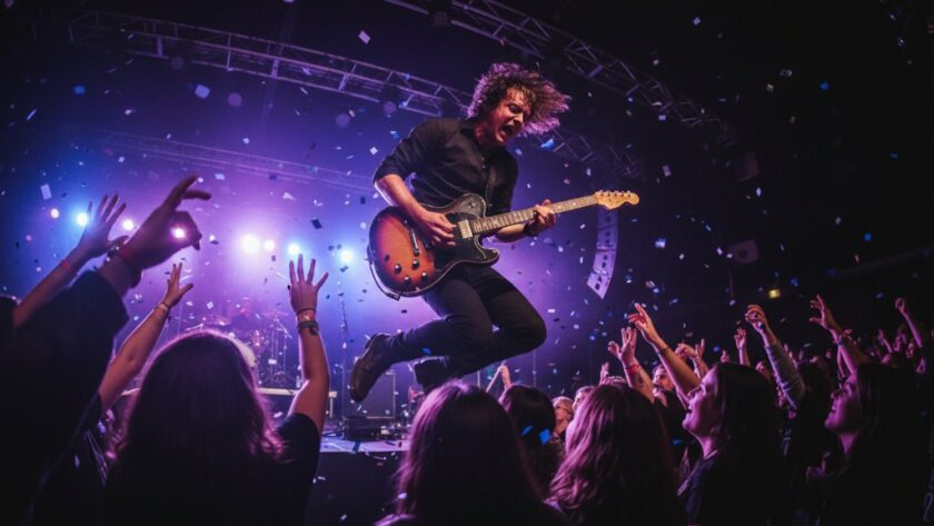 A dramatic close-up of a guitarist mid-solo on stage at a local Kilmore venue, with dynamic stage lighting and crowd interaction, perfectly embodying Kilmore concert photography capturing live music magic.