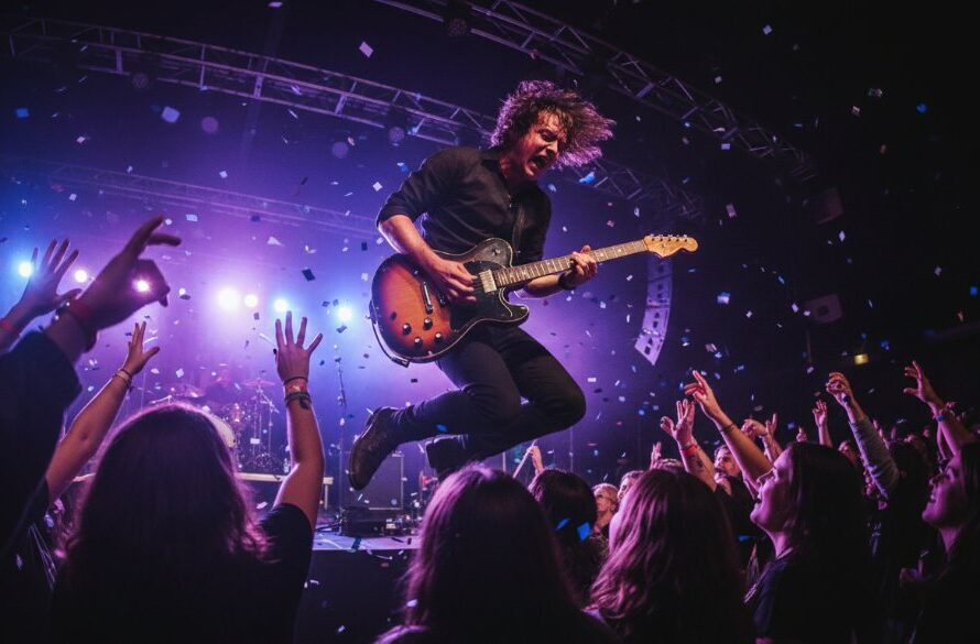 A dramatic close-up of a guitarist mid-solo on stage at a local Kilmore venue, with dynamic stage lighting and crowd interaction, perfectly embodying Kilmore concert photography capturing live music magic.