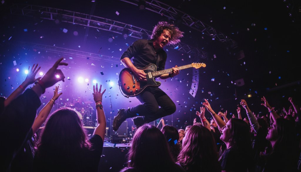 A dramatic close-up of a guitarist mid-solo on stage at a local Kilmore venue, with dynamic stage lighting and crowd interaction, perfectly embodying Kilmore concert photography capturing live music magic.