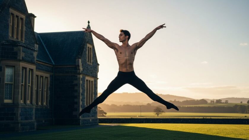 An epic moment in Kilmore dance photography capturing expressive movement: a powerful male dancer in mid-air, silhouetted against a dramatic sunset over Kilmore's rolling hills, showcasing dynamic energy and artistic grace.