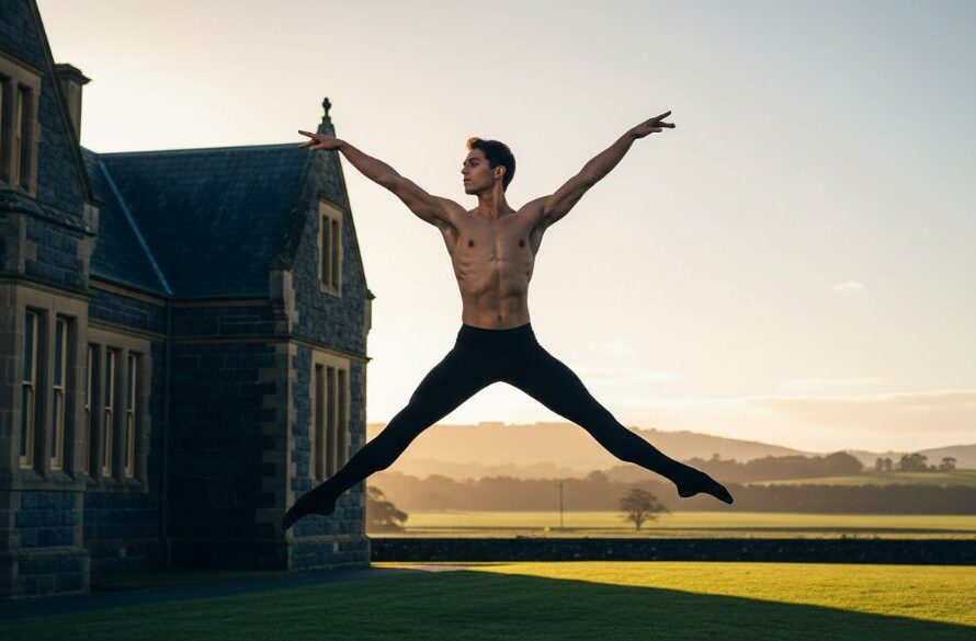 An epic moment in Kilmore dance photography capturing expressive movement: a powerful male dancer in mid-air, silhouetted against a dramatic sunset over Kilmore's rolling hills, showcasing dynamic energy and artistic grace.
