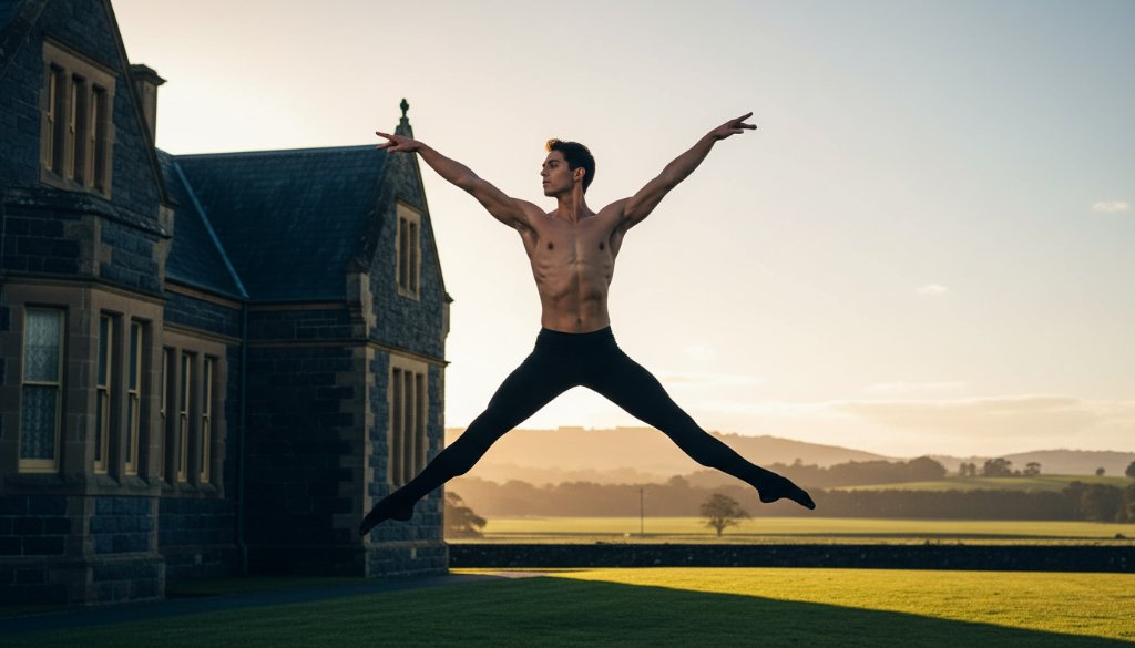 An epic moment in Kilmore dance photography capturing expressive movement: a powerful male dancer in mid-air, silhouetted against a dramatic sunset over Kilmore's rolling hills, showcasing dynamic energy and artistic grace.