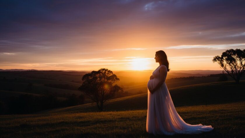 An expectant mother in a flowing gown stands silhouetted against a dramatic Kilmore sunset, capturing Kilmore enchanting outdoor maternity photography with golden hour light and the rolling Victorian hills in the background, exuding serene beauty and anticipation.