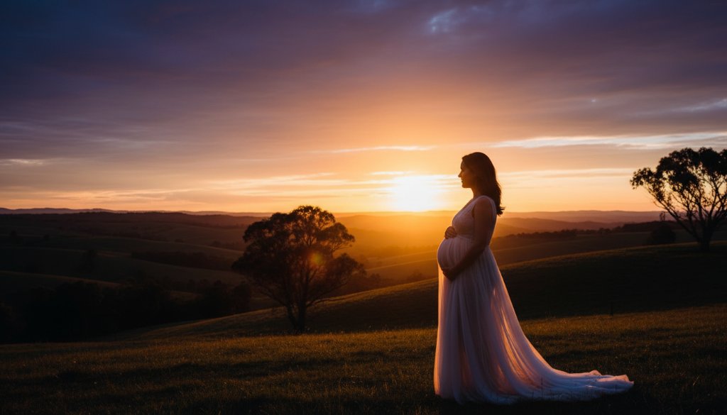 An expectant mother in a flowing gown stands silhouetted against a dramatic Kilmore sunset, capturing Kilmore enchanting outdoor maternity photography with golden hour light and the rolling Victorian hills in the background, exuding serene beauty and anticipation.