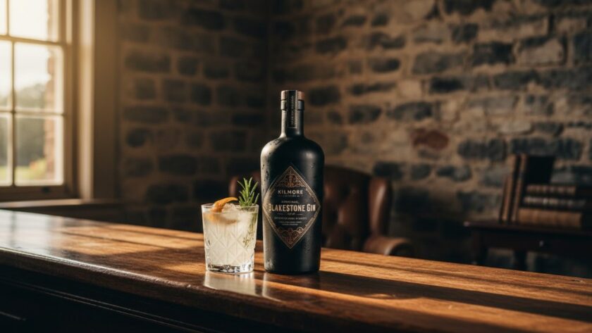 Dramatic wide shot of a local artisan's bespoke, handcrafted leather goods displayed against the historic bluestone walls of a Kilmore heritage building, illuminated by warm, golden hour sunlight, featuring professional Kilmore historical advertising photography Victoria.