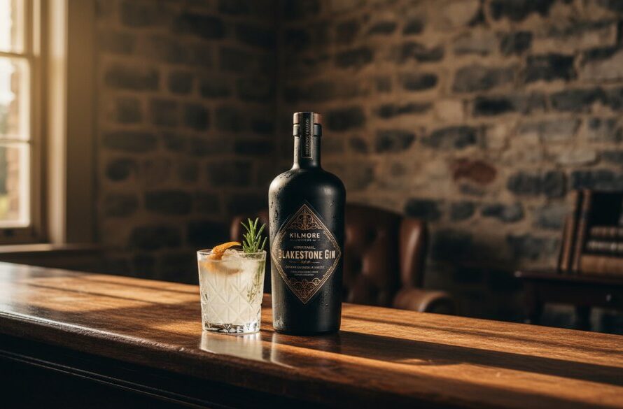 Dramatic wide shot of a local artisan's bespoke, handcrafted leather goods displayed against the historic bluestone walls of a Kilmore heritage building, illuminated by warm, golden hour sunlight, featuring professional Kilmore historical advertising photography Victoria.