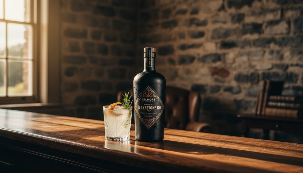 Dramatic wide shot of a local artisan's bespoke, handcrafted leather goods displayed against the historic bluestone walls of a Kilmore heritage building, illuminated by warm, golden hour sunlight, featuring professional Kilmore historical advertising photography Victoria.