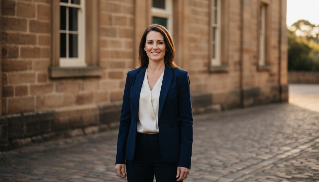 A striking, cinematic portrait of a confident professional against a soft-focus Kilmore landscape, illuminated by dramatic golden hour light, perfectly encapsulating Kilmore VIC Professional Headshots for Authentic Personal Branding.