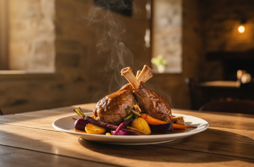 Dramatic close-up photograph showcasing a perfectly plated artisanal dish, possibly a roasted lamb shoulder with local Kilmore produce, steaming gently, with rich, warm backlighting catching steam and texture, creating an 'epic moment' of culinary delight, highlighting Kilmore Victoria artisan food photography.