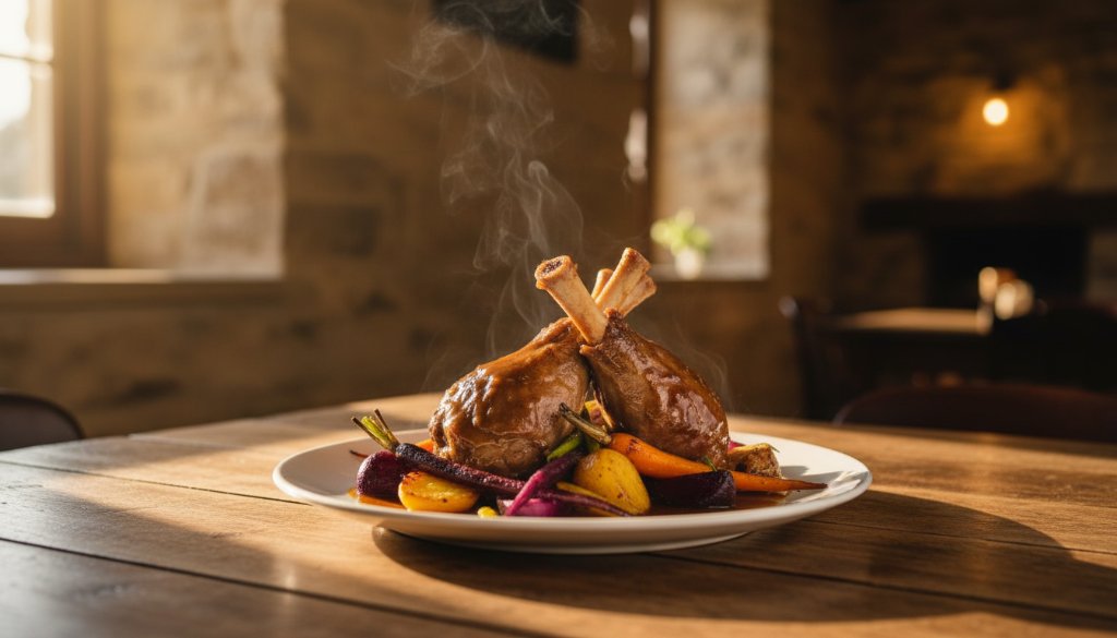 Dramatic close-up photograph showcasing a perfectly plated artisanal dish, possibly a roasted lamb shoulder with local Kilmore produce, steaming gently, with rich, warm backlighting catching steam and texture, creating an 'epic moment' of culinary delight, highlighting Kilmore Victoria artisan food photography.