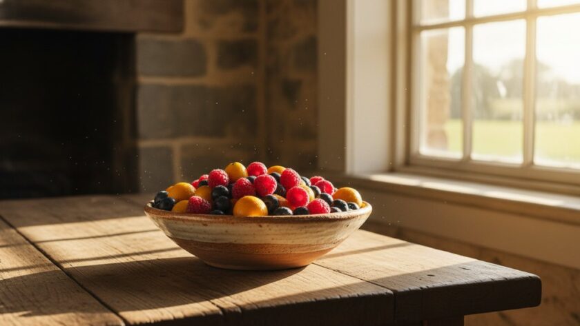 An epic moment captured: A beautifully lit handcrafted ceramic vase, typical of Kilmore Victoria artisan product photography, displayed on a rustic wooden table with the warm glow of a setting sun filtering through a window, highlighting intricate details and textures.