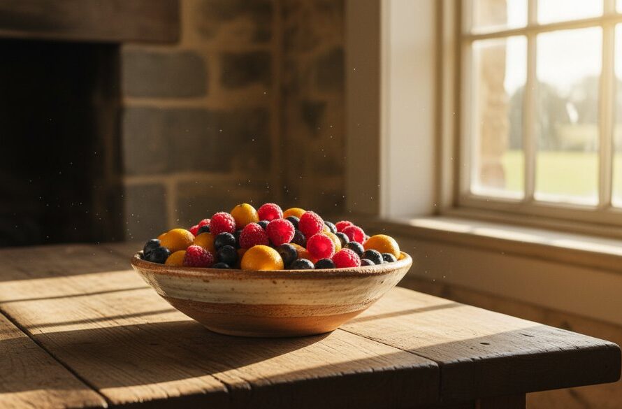An epic moment captured: A beautifully lit handcrafted ceramic vase, typical of Kilmore Victoria artisan product photography, displayed on a rustic wooden table with the warm glow of a setting sun filtering through a window, highlighting intricate details and textures.