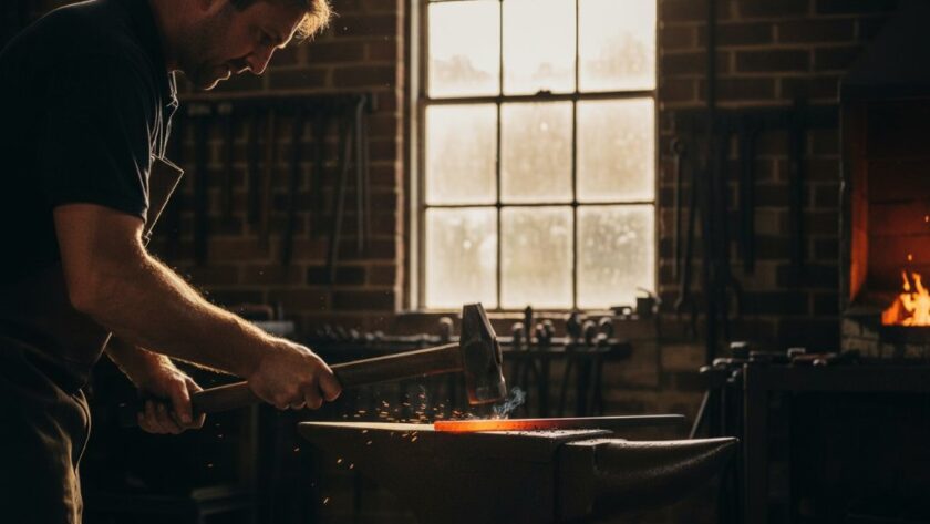 Kilmore Victoria authentic brand storytelling photography capturing a passionate local artisan meticulously crafting pottery in their rustic Kilmore studio, sunlight streaming through a window, highlighting their focused expression and the texture of their work, with native Australian flora subtly in the background.