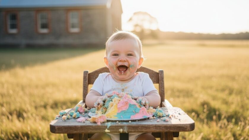 A wide-angle, epic moment photograph capturing a joyous baby amidst a colourful cake smash, with frosting smeared on their face and hands, set against a rustic Kilmore barn backdrop, featuring dramatic sunlight filtering through, embodying Kilmore Victoria cake smash photography unforgettable moments.