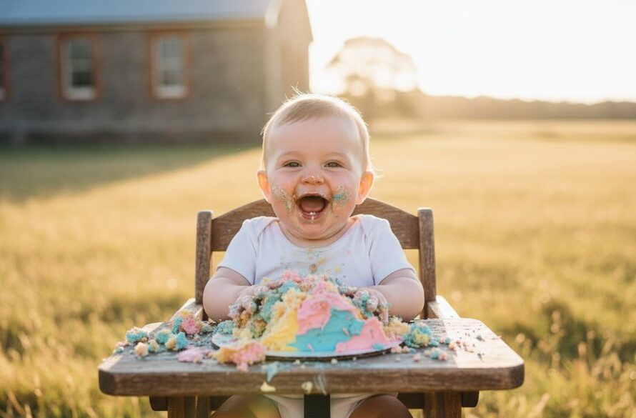 A wide-angle, epic moment photograph capturing a joyous baby amidst a colourful cake smash, with frosting smeared on their face and hands, set against a rustic Kilmore barn backdrop, featuring dramatic sunlight filtering through, embodying Kilmore Victoria cake smash photography unforgettable moments.