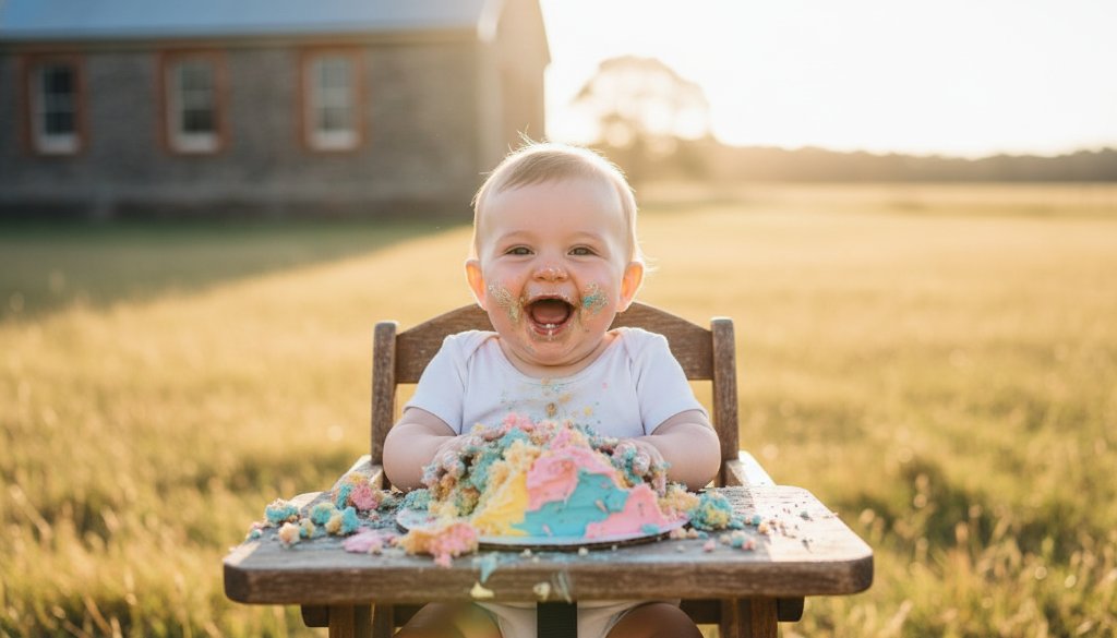 A wide-angle, epic moment photograph capturing a joyous baby amidst a colourful cake smash, with frosting smeared on their face and hands, set against a rustic Kilmore barn backdrop, featuring dramatic sunlight filtering through, embodying Kilmore Victoria cake smash photography unforgettable moments.