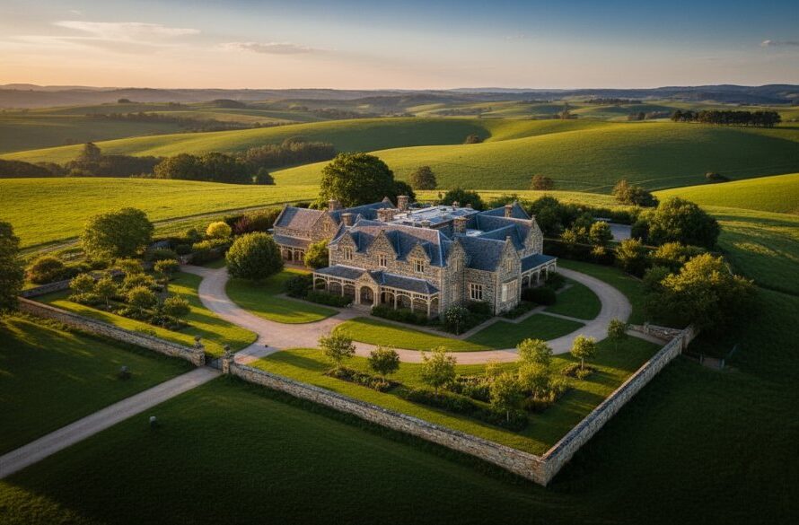 An epic, wide-angle aerial shot showcasing a grand, historic bluestone mansion in Kilmore, Victoria, bathed in the golden light of sunset, taken with Kilmore Victoria cinematic drone photography heritage properties expertise. The drone shot captures the intricate architecture and expansive rural landscape, evoking a sense of timeless elegance and dramatic beauty.