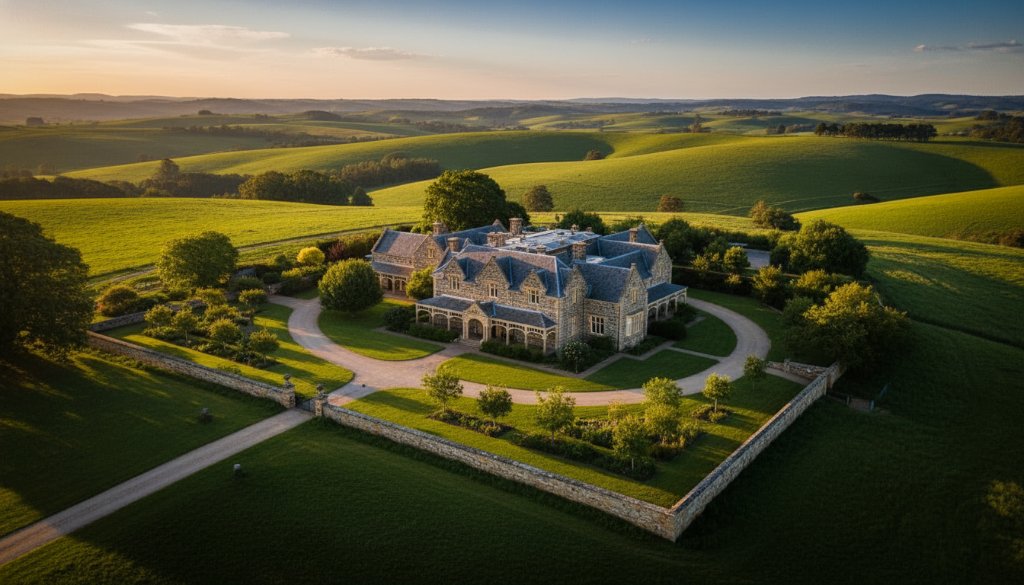 An epic, wide-angle aerial shot showcasing a grand, historic bluestone mansion in Kilmore, Victoria, bathed in the golden light of sunset, taken with Kilmore Victoria cinematic drone photography heritage properties expertise. The drone shot captures the intricate architecture and expansive rural landscape, evoking a sense of timeless elegance and dramatic beauty.