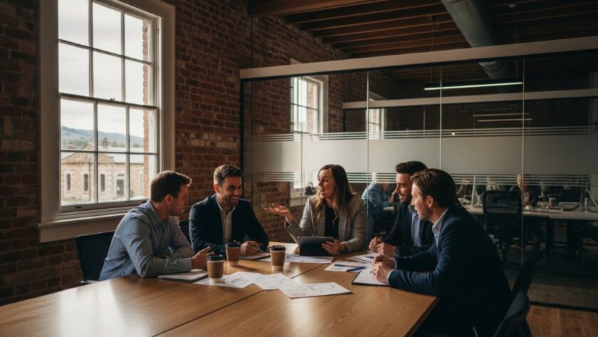 A wide-angle, dynamically lit photograph showcasing the vibrant success of a local Kilmore Victoria commercial photography client, capturing a pivotal business moment with professional flair.