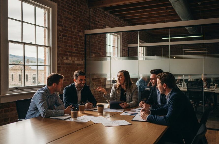 A wide-angle, dynamically lit photograph showcasing the vibrant success of a local Kilmore Victoria commercial photography client, capturing a pivotal business moment with professional flair.