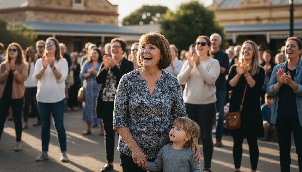 A candid, emotionally charged photograph capturing an epic moment of joy during a community celebration in Kilmore, Victoria, showcasing the vibrant atmosphere and authentic interactions, perfectly illustrating exceptional Kilmore Victoria event photography capture authentic moments.