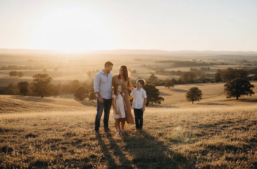 A stunning, cinematic 'Kilmore Victoria family photography capturing genuine moments' portrait featuring a family laughing joyously in a sun-drenched, golden field near Kilmore, Victoria, professional colour grading.