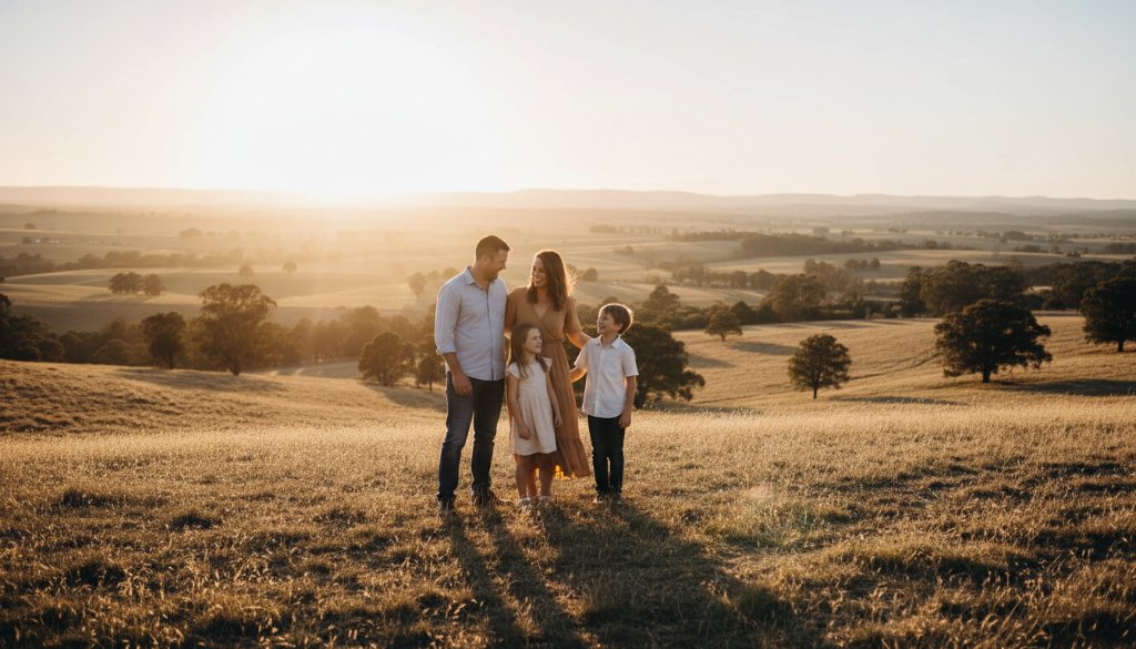 A stunning, cinematic 'Kilmore Victoria family photography capturing genuine moments' portrait featuring a family laughing joyously in a sun-drenched, golden field near Kilmore, Victoria, professional colour grading.
