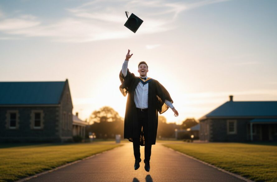 A jubilant graduate in their cap and gown, framed by the historic bluestone architecture of Kilmore, Victoria, celebrating their Kilmore Victoria graduation photography memorable moments with arms outstretched against a warm, golden hour sky, capturing an epic moment of achievement and freedom.
