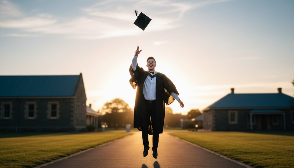 A jubilant graduate in their cap and gown, framed by the historic bluestone architecture of Kilmore, Victoria, celebrating their Kilmore Victoria graduation photography memorable moments with arms outstretched against a warm, golden hour sky, capturing an epic moment of achievement and freedom.
