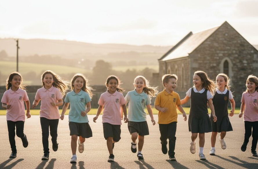 Joyful Kilmore Victoria school photography natural portraits of diverse children laughing in a sun-drenched schoolyard, with the historic Kilmore Gaol subtly in the background, exuding genuine happiness.