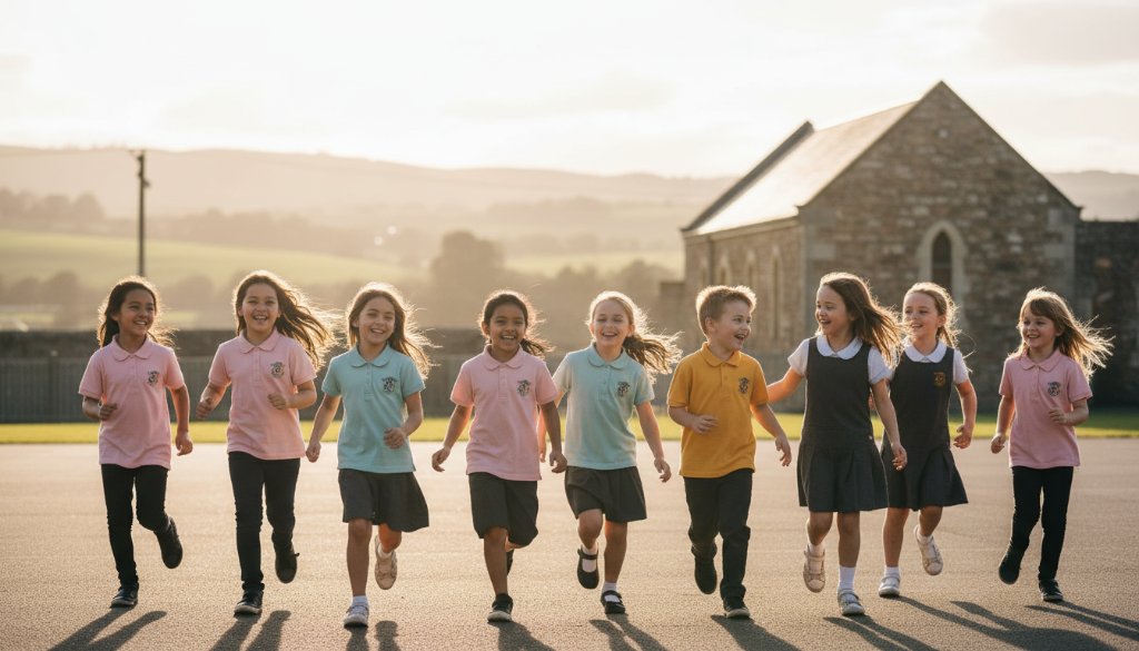 Joyful Kilmore Victoria school photography natural portraits of diverse children laughing in a sun-drenched schoolyard, with the historic Kilmore Gaol subtly in the background, exuding genuine happiness.