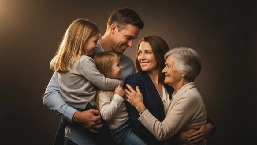 An epic, emotionally resonant studio photograph capturing a Kilmore Victoria studio family portraits session, with warm, dramatic lighting highlighting the joyful embrace of a family, conveying deep connection and timeless love.